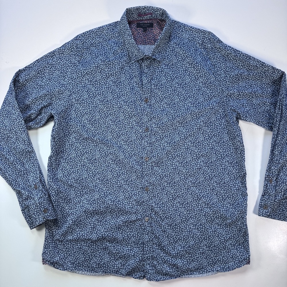 TED BAKER Long Sleeve Button Down‎ Shirt Mens 7 (3XL) Blue Floral Print Portugal
